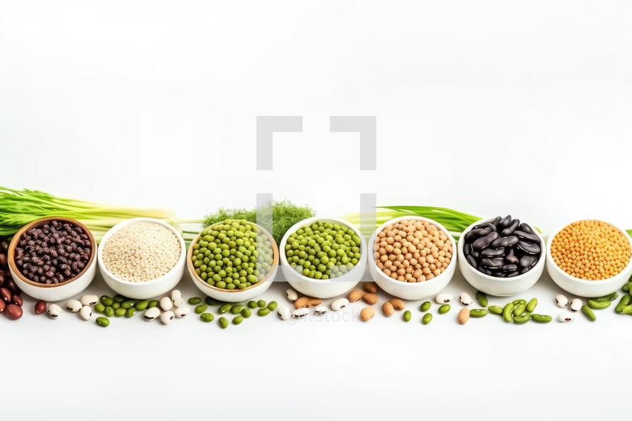 Healthy eating concept. Assortment of legumes on white background.