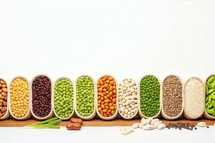 Assortment of beans in a wooden spoon on a white background.