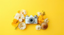Flat lay composition with retro camera and flowers on yellow background.