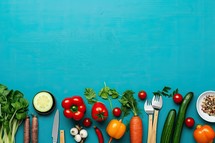 Fresh vegetables on blue wooden background. Top view with copy space.