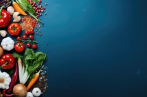 Fresh vegetables and spices on dark blue background. Healthy food concept.