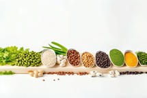 Various types of legumes on white background. Healthy food concept.