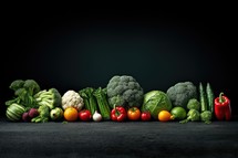 Group of fresh organic vegetables on black background. Healthy food concept.