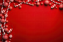Christmas background with candy canes and baubles on red background