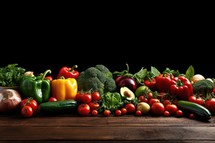 Composition with variety of raw organic vegetables on wooden table against black background
