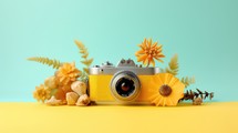 Retro camera with flowers on yellow and blue background, copy space