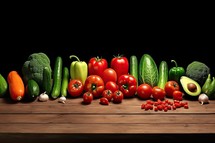 Variety of fresh organic vegetables on wooden table over black background.