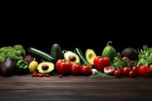 Fresh vegetables on wooden table. Healthy eating concept. Black background.