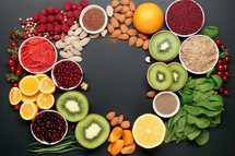Healthy food selection: fruits, berries, nuts and superfoods