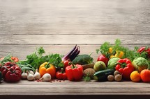 Fresh vegetables on a wooden table. Healthy food background. Copy space.