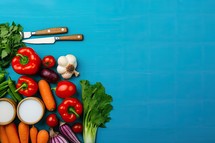 Fresh vegetables on a blue background. Top view with copy space.