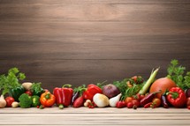 Fresh vegetables on wooden background. Healthy food concept. Space for text