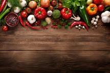 Fresh vegetables on wooden background. Top view with space for your text