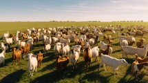 Herd of goats grazing in a green meadow on a sunny day