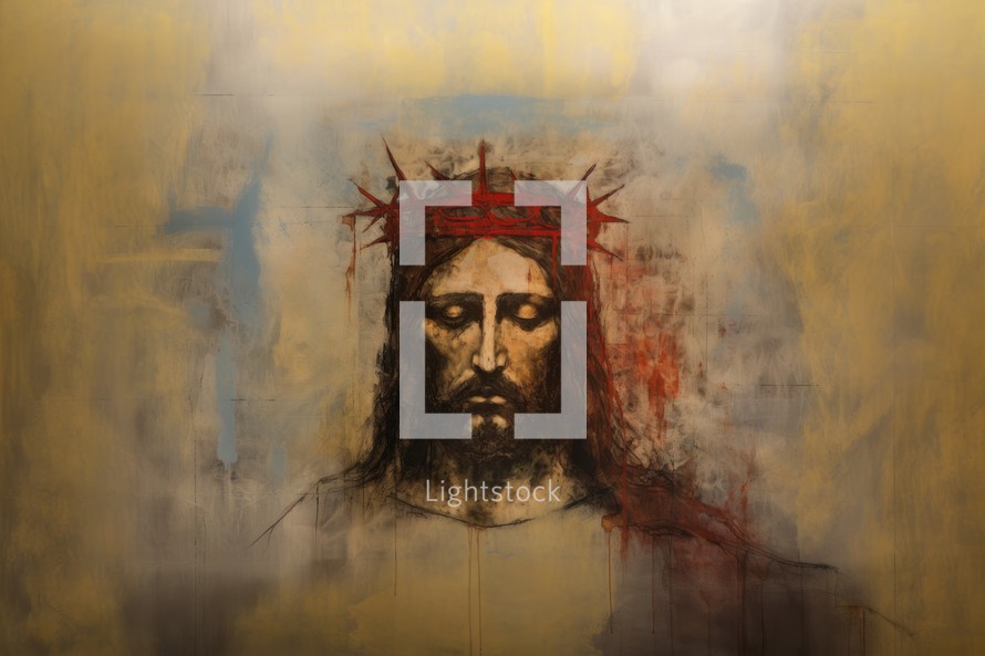 Jesus Christ with crown of thorns on the background of painted wall