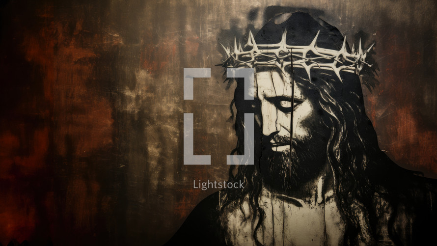 Jesus Christ with crown of thorns on grunge wall background.