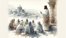 Jesus Christ teaches in the Temple. Watercolor Biblical Illustration