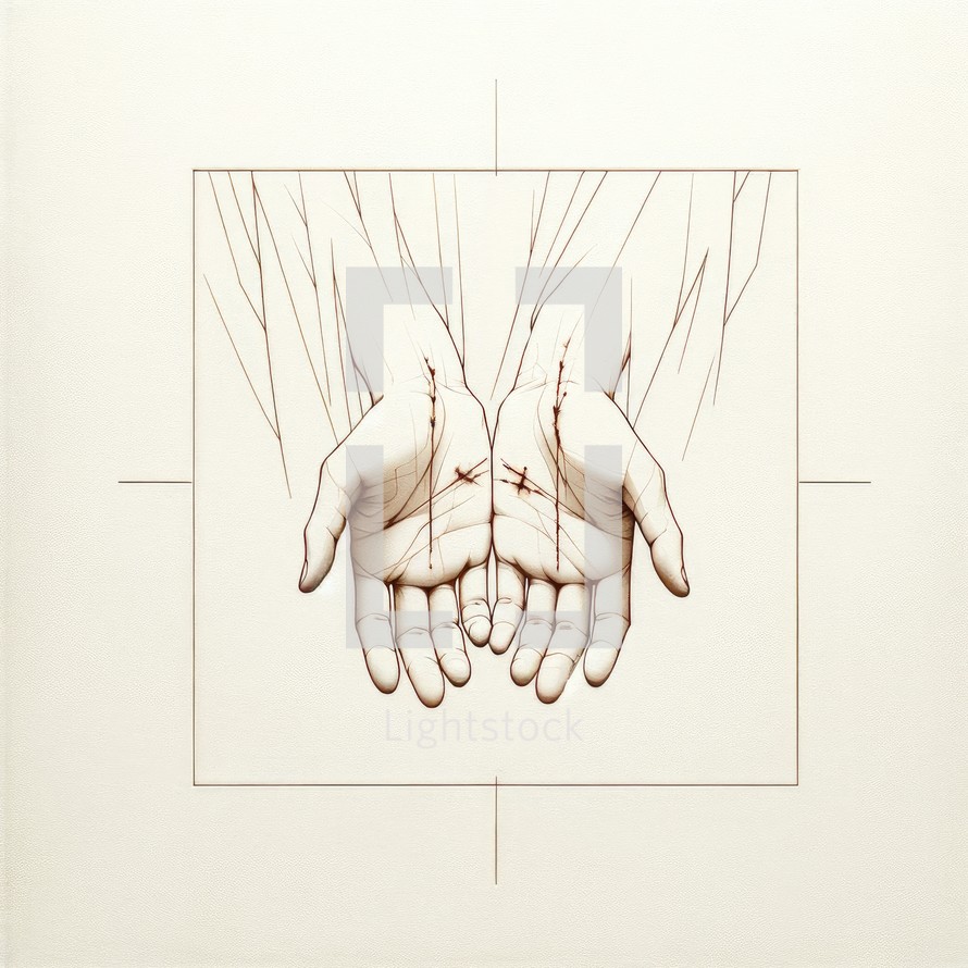 Sacred Scars: The Stigmata of Christ. Human hands with wound, sketch. Vector illustration.