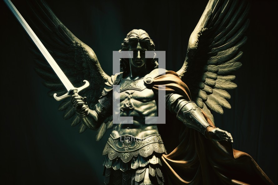 Statue of Archangel Michael with a sword on a dark background