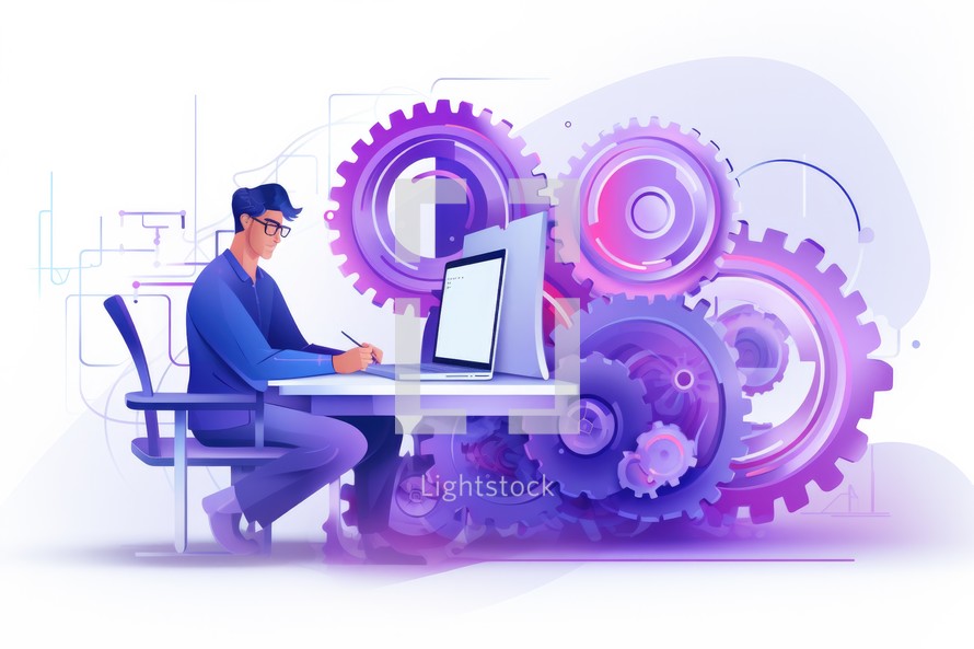 Bible Study. Working with laptop and cogs. Vector illustration in cartoon style