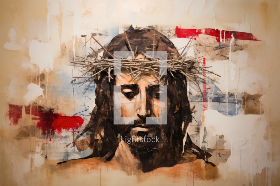 Jesus Christ with crown of thorns on his head. Ink painting.