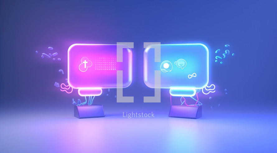 3d rendering of neon speech bubbles with a cross on a blue background. Neon speech bubbles