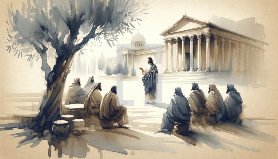 Jesus Christ teaches in the Temple. Watercolor Biblical Illustration