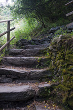 Stone steps with a wooden railing next to a moss covered rock wall.