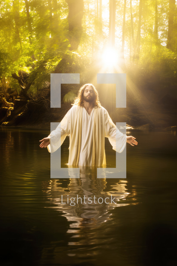 Baptism. Jesus in white, standing in the water with his arms open, blessing