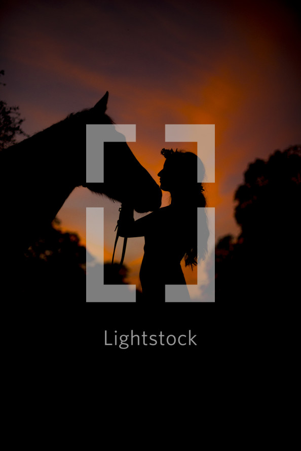 silhouette of a woman with her horse 