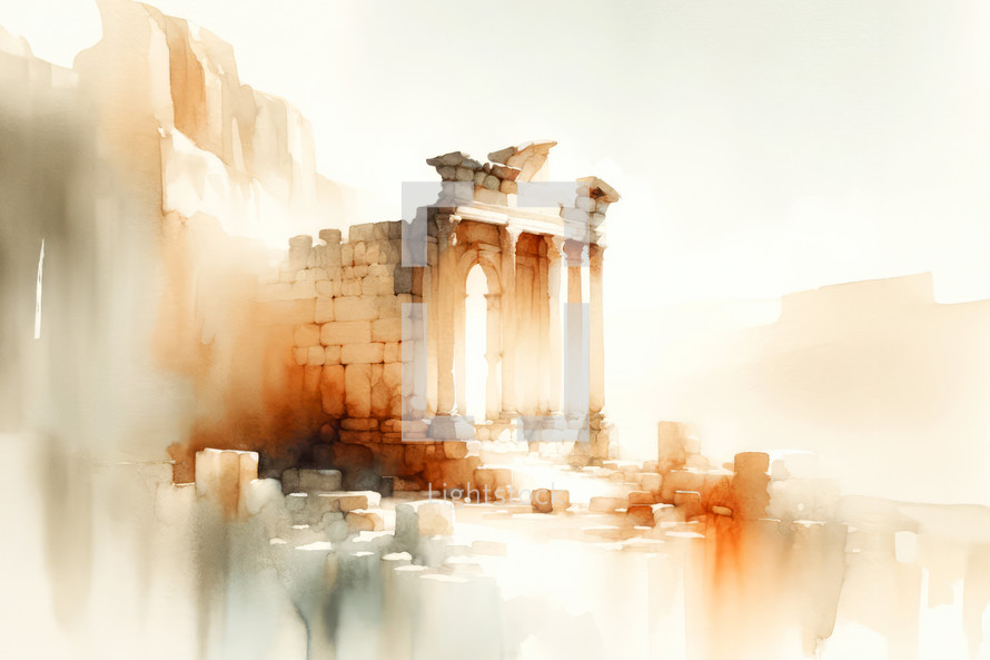 Ancient Biblical Lanscape. Ruins of an ancient temple, digital drawing
