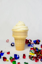 ice cream cone and confetti 
