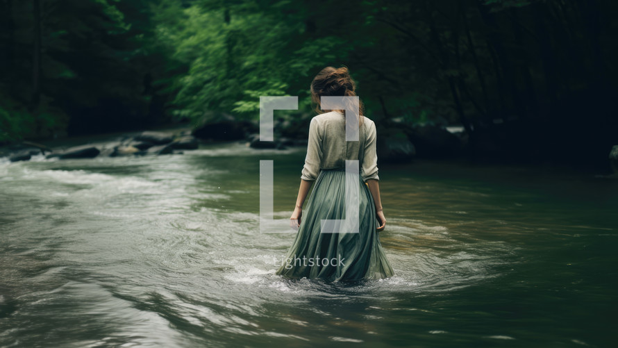 Baptism. Young woman in a long dress standing in water in the forest