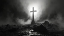  Cross in the dark with fog and light. 3d rendering. Black and white