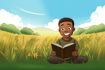 Illustration of a little kid reading a book on a nature background. Cartoon style.