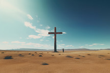 Cross in the desert with blue sky and clouds. 