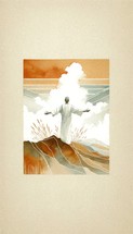 Man in worship on the mountain, against cloudy sky. Hand drawn illustration in watercolor style.