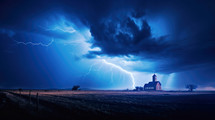 My God and Church protects us. Blue stormy sky with lightnings over a Church in the countryside