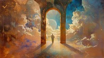 Gates of Heaven. Digital painting of a man walking through an archway in the clouds.