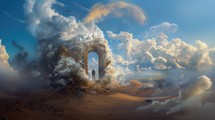  Gates of Heaven. Conceptual 3D illustration of man standing in the middle of the clouds, under an arch in the sky.