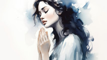 Watercolor artwork of a woman praying with copy space