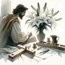 Saint Joseph with lily and wood on white background, illustration