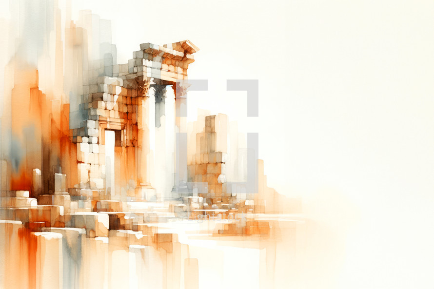 Ancient Biblical Lanscape. Ruins of an ancient temple, digital drawing