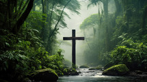 Searching for Christ, a journey towards Faith. A Cross in the luxurious green rain forest among the trees