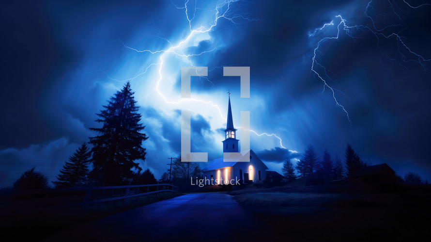 My God and Church protects us. Blue stormy sky with lightnings over a Church in the countryside