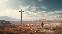 Searching for Christ, a journey towards Faith. An astronaut in a deserted distant planet stands in front of a giant Cross