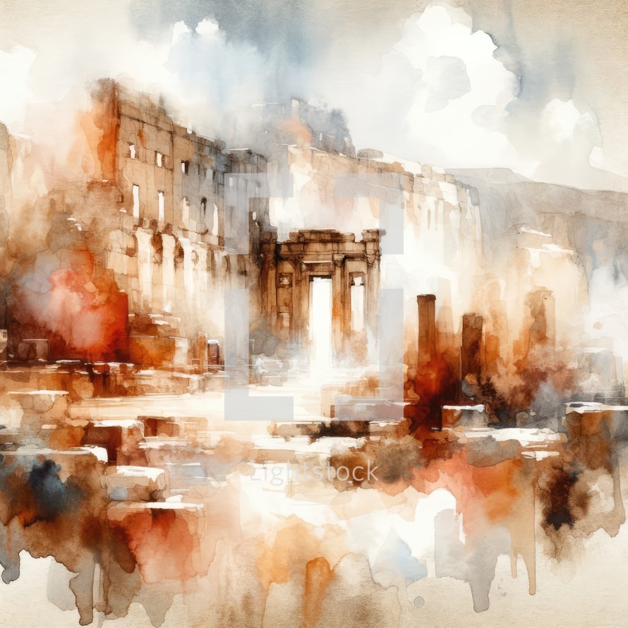Digital watercolor painting of ancient temple. Ancient Biblical Lanscape. 