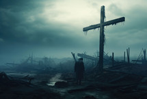Horrors of war. A man standing in front of a wooden cross in the middle of ruins