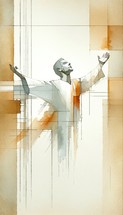  Digital illustration of a man in worship against composite colored background.