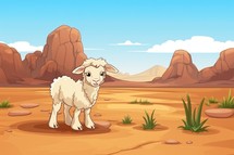 Lamb of God. Illustration of a cute lamb in the desert, mountains in the background. Cartoon style.